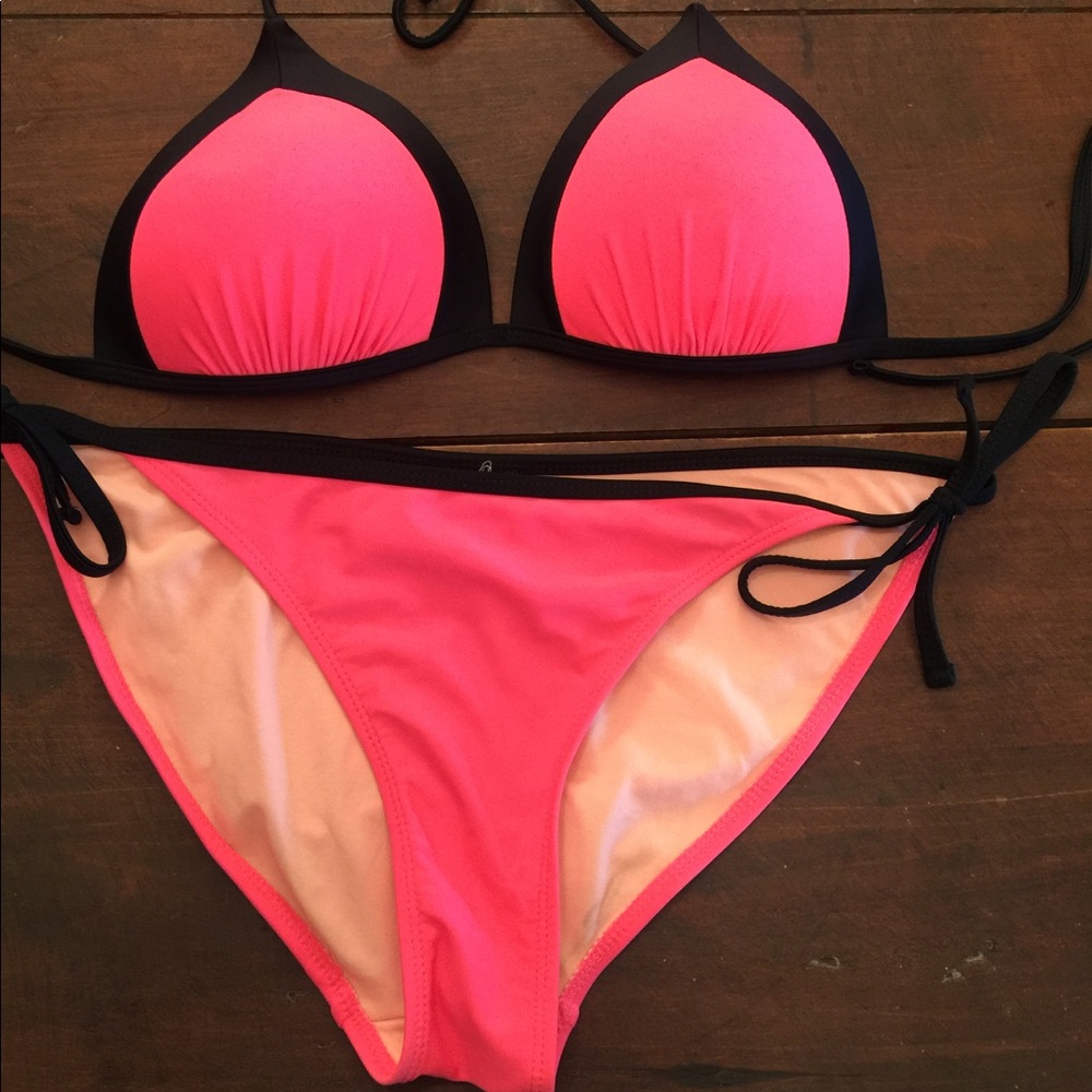Neon coral pink black triangle top string bikini L