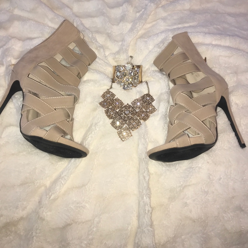 Nude Stretchy Strappy Sandal Heels
