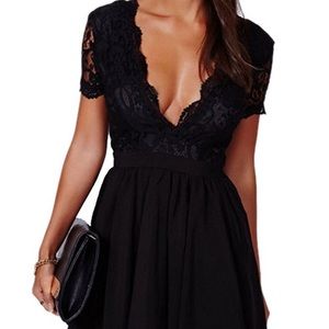 Women's Black Deep V-neck Chiffon Lace Dress