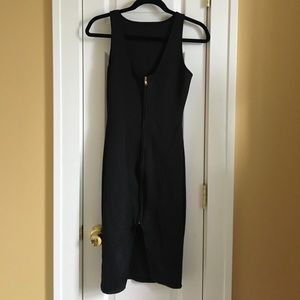 Black bodycon stretchy zipper front midi dress