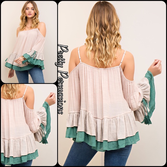 Blush & Green Cold Shoulder Ruffle Bell Sleeve Top - Picture 2 of 4