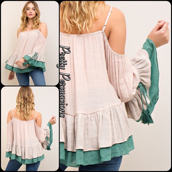 Blush & Green Cold Shoulder Ruffle Bell Sleeve Top - Picture 3 of 4