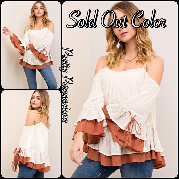 Blush & Green Cold Shoulder Ruffle Bell Sleeve Top - Picture 4 of 4