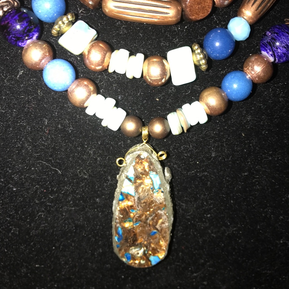 Blue Jade and wood Statement Necklace set