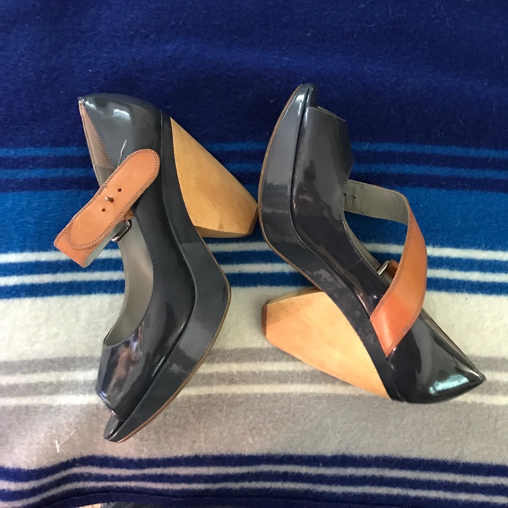 Wood Heel &a Navy Patent Leather Wedges