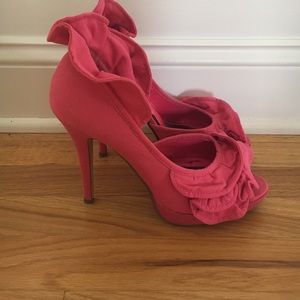 Pink Canvas 5" Heel Ruffle Open Toe Shoe Sz9