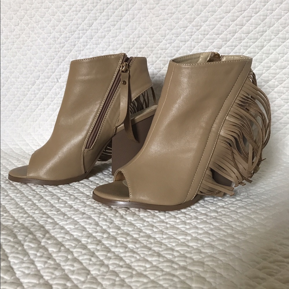 Adriana New York-Nude Fringe Peep Toe Booties