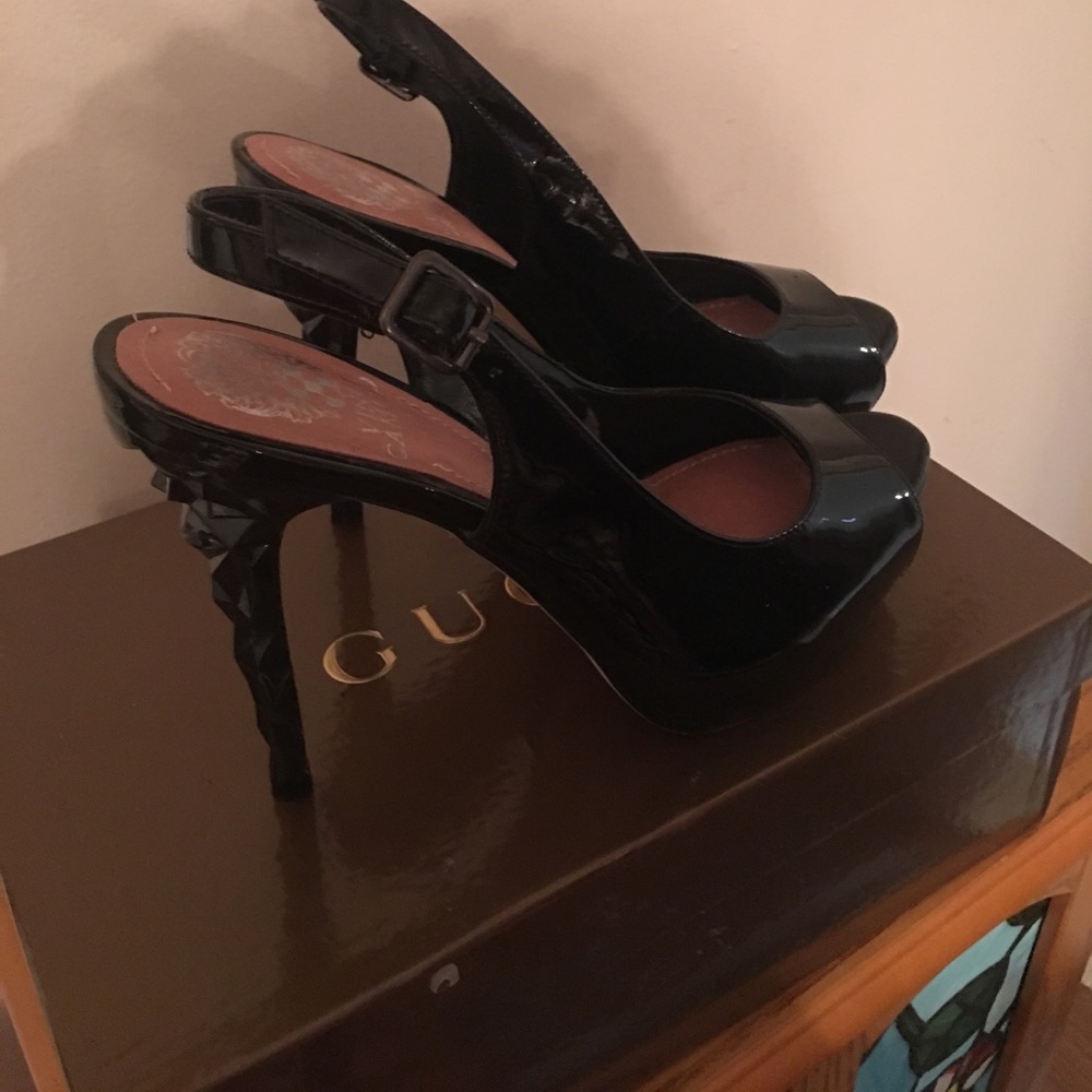 Black Patent Leather Open Toe Pump by Vince Camuto