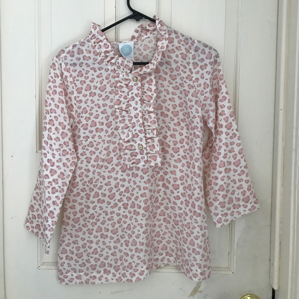 Devon Baer Leapord Print Ruffle Plkt Top