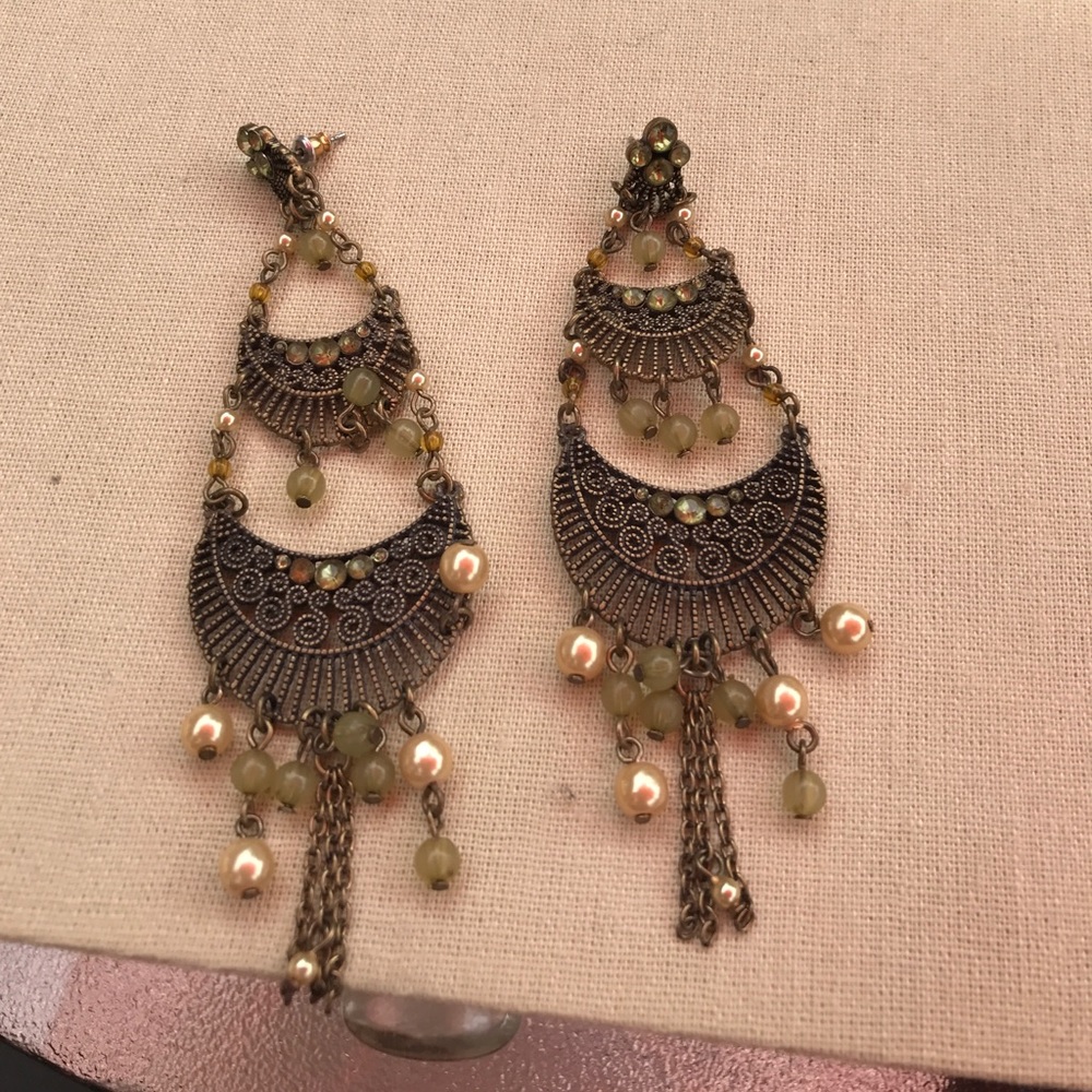 Long Boho Earrings - Gold/Brass, Green, and Pearl
