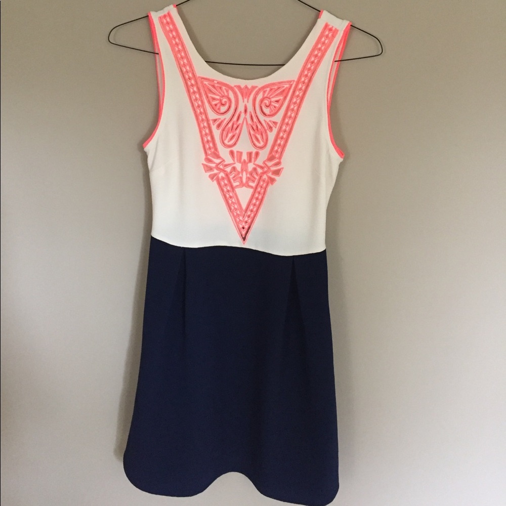 Sugerlips navy/cream dress with pink embroidery