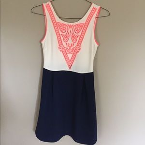 Sugerlips navy/cream dress with pink embroidery