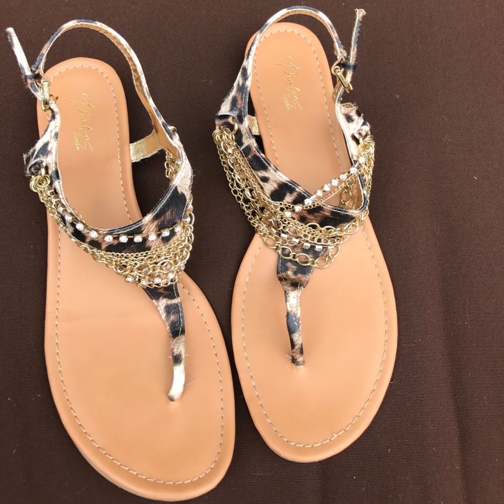 Animal print sandals with chain & rhinestones
