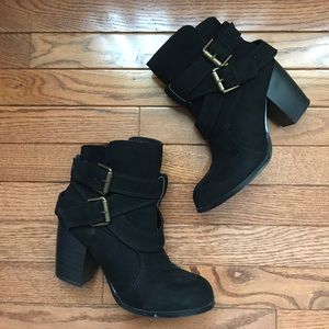 slip on, buckle booties