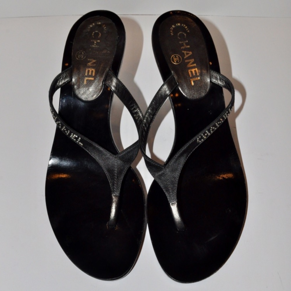 Authentic Chanel Black Sandals w Gold Kitten Heels