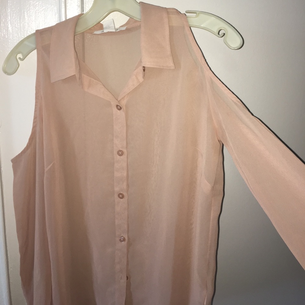 Cut off shoulder beige long sleeve blouse