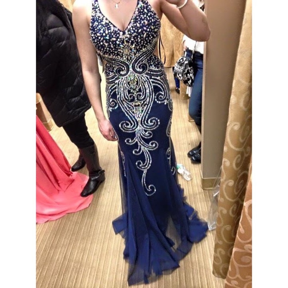 Navy Beaded Prom Dress
