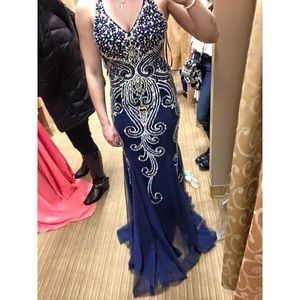 Navy Beaded Prom Dress