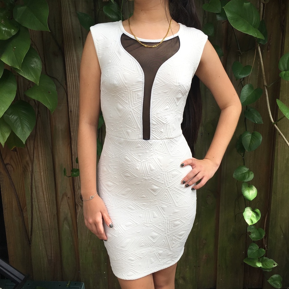 WHITE W BLACK MESH BODYCON DRESS
