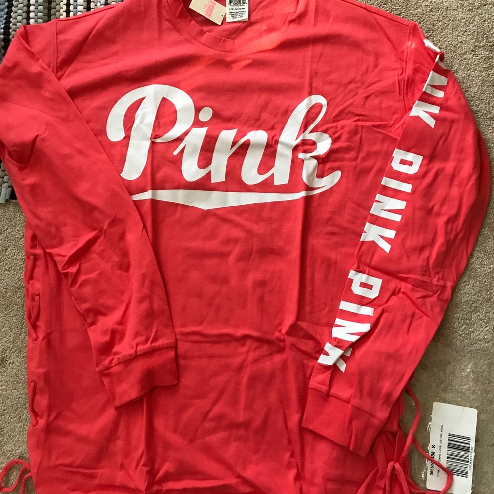 VS PINK LONG SLEEVE CAMPUS TEE SIDE LACEUP SZ SM RARE