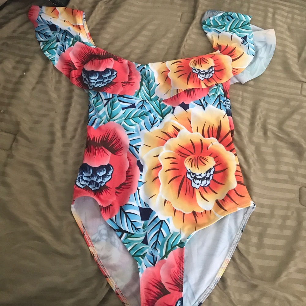 Off the shoulder swim suit. Colorful flowers