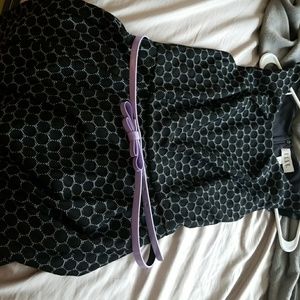 Black patterned Elle dress with purple belt