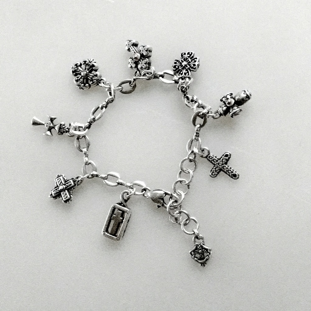 Vintage Silver Multi-Cross Charm Bracelet