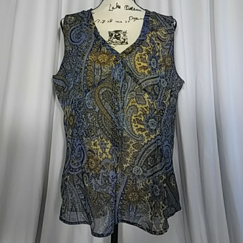 Blues & tans sleeveless, v-neck, lightweight top