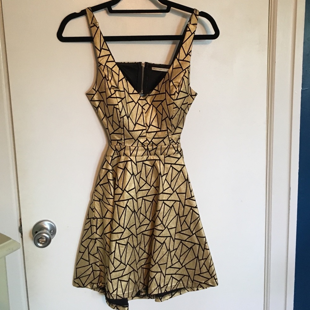 Mustard seed gold and black mini dress open back