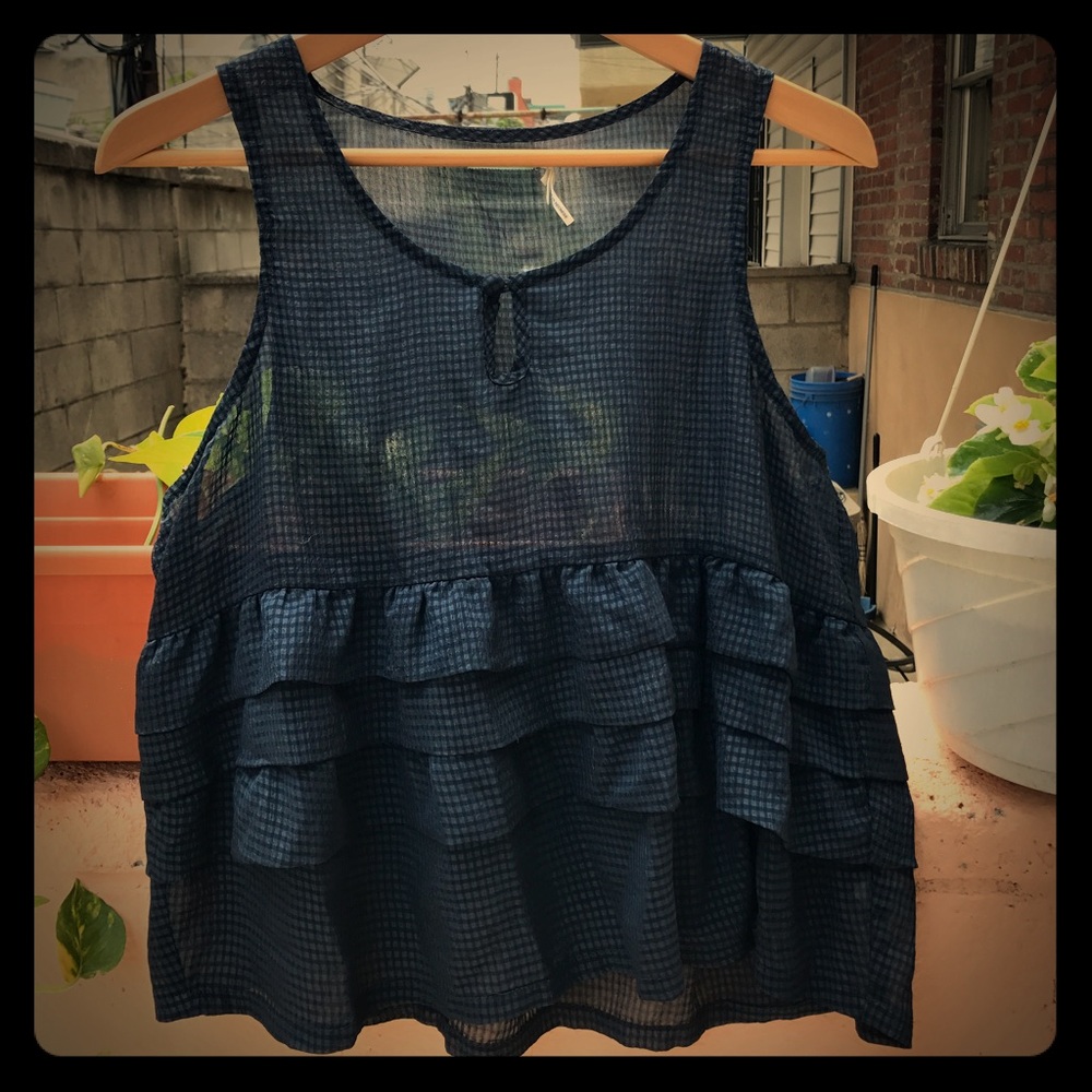 Sheer blue checkered ruffled tank