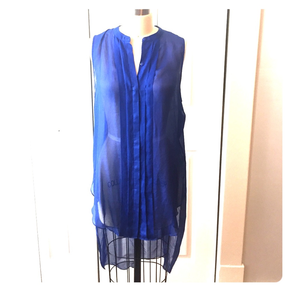 High low blue silk sleeveless top