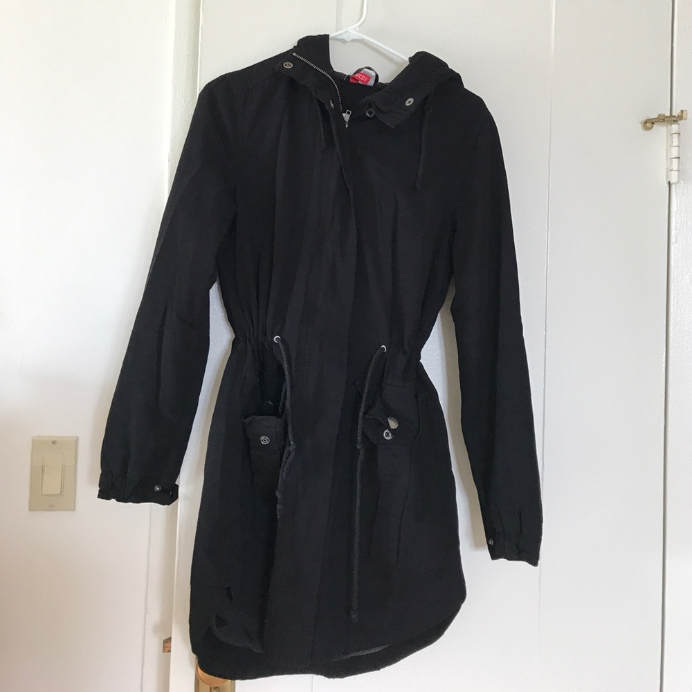 Hooded long black zip up fall jacket size 8