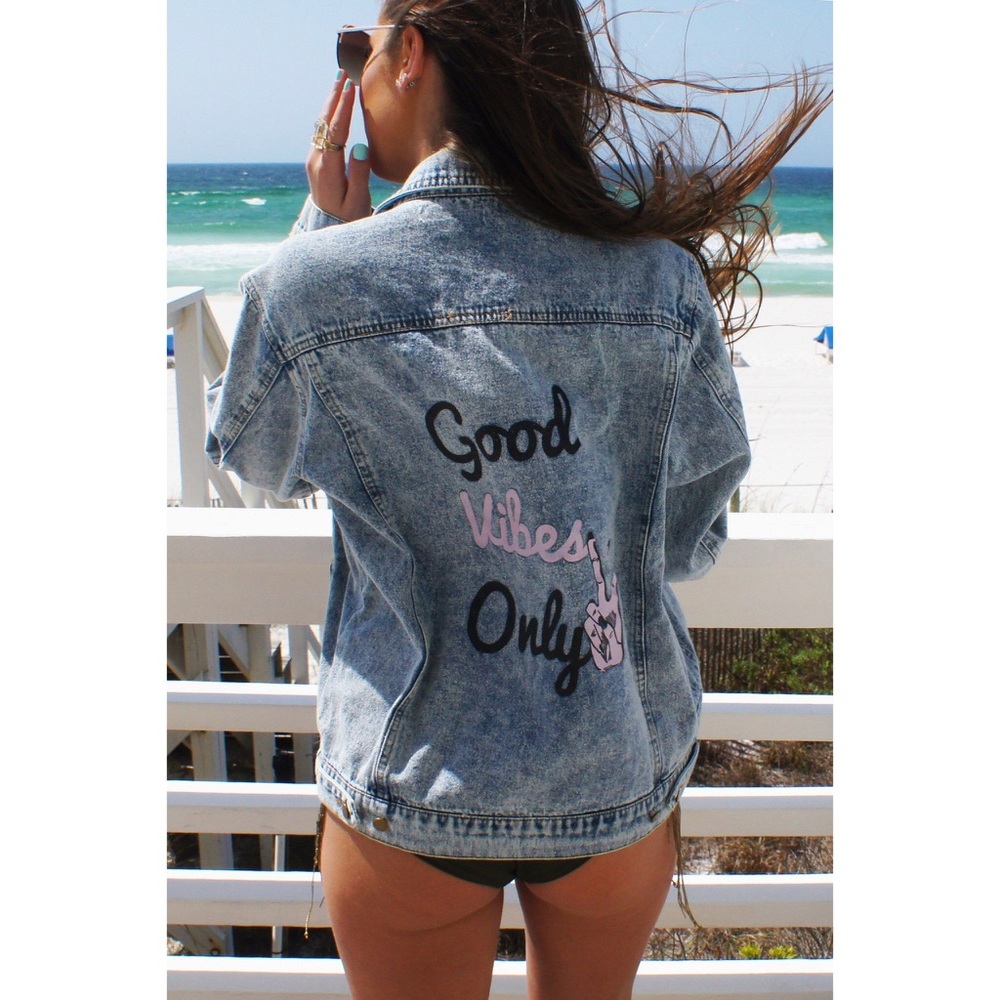 Good Vibes Only Acid Wash Patchwork Denim Jacket - Picture 7 of 7