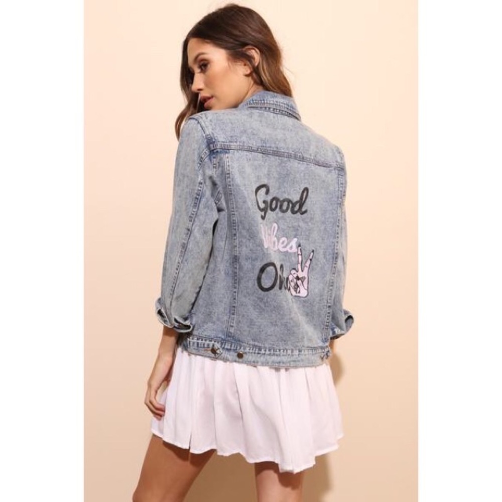 Good Vibes Only Acid Wash Patchwork Denim Jacket - Picture 2 of 7