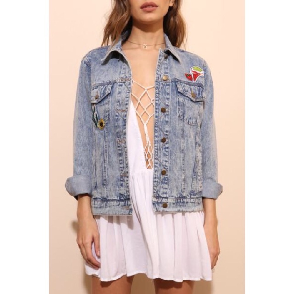 Good Vibes Only Acid Wash Patchwork Denim Jacket - Picture 6 of 7