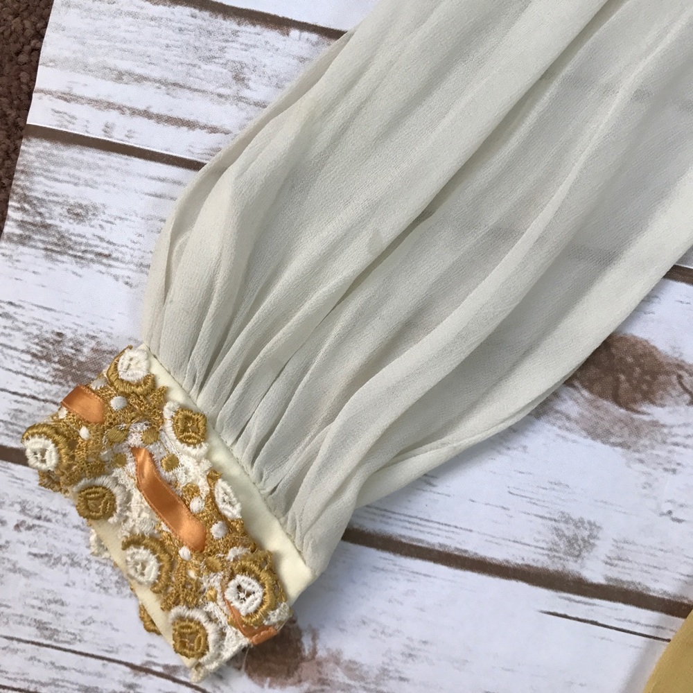 Vintage 1970s Prom Intricate Yellow Mustard Chiffon High Neck Formal Gown 10 - Picture 6 of 8