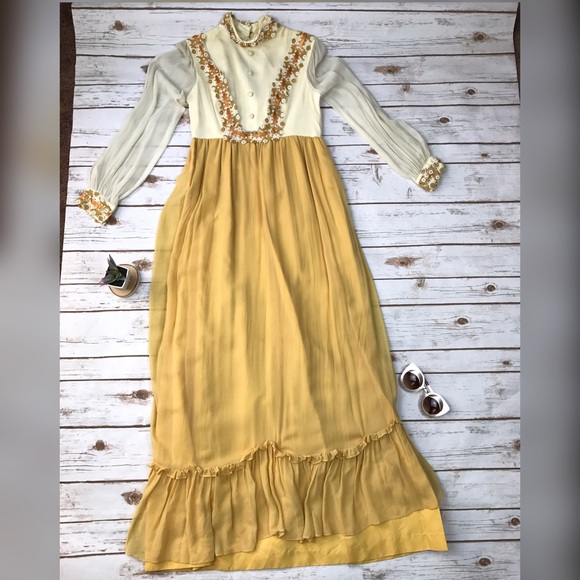 Vintage Dresses & Skirts - Vintage 1970s Prom Intricate Yellow Mustard Chiffon High Neck Formal Gown 10