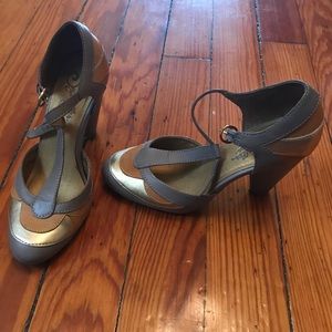 Gold, Yellow, & Gray T-Strap Pumps by Seychelles.