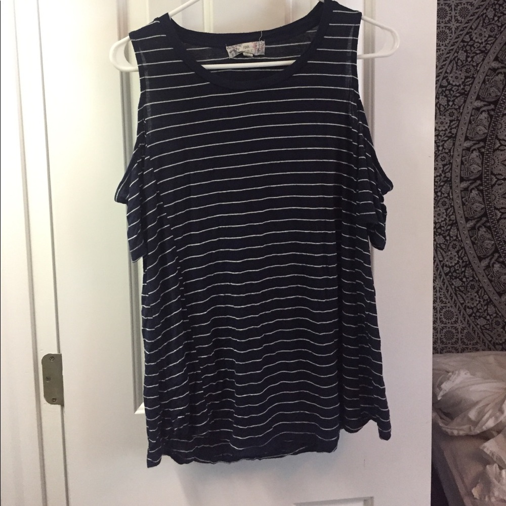 Blue striped cold shoulder top