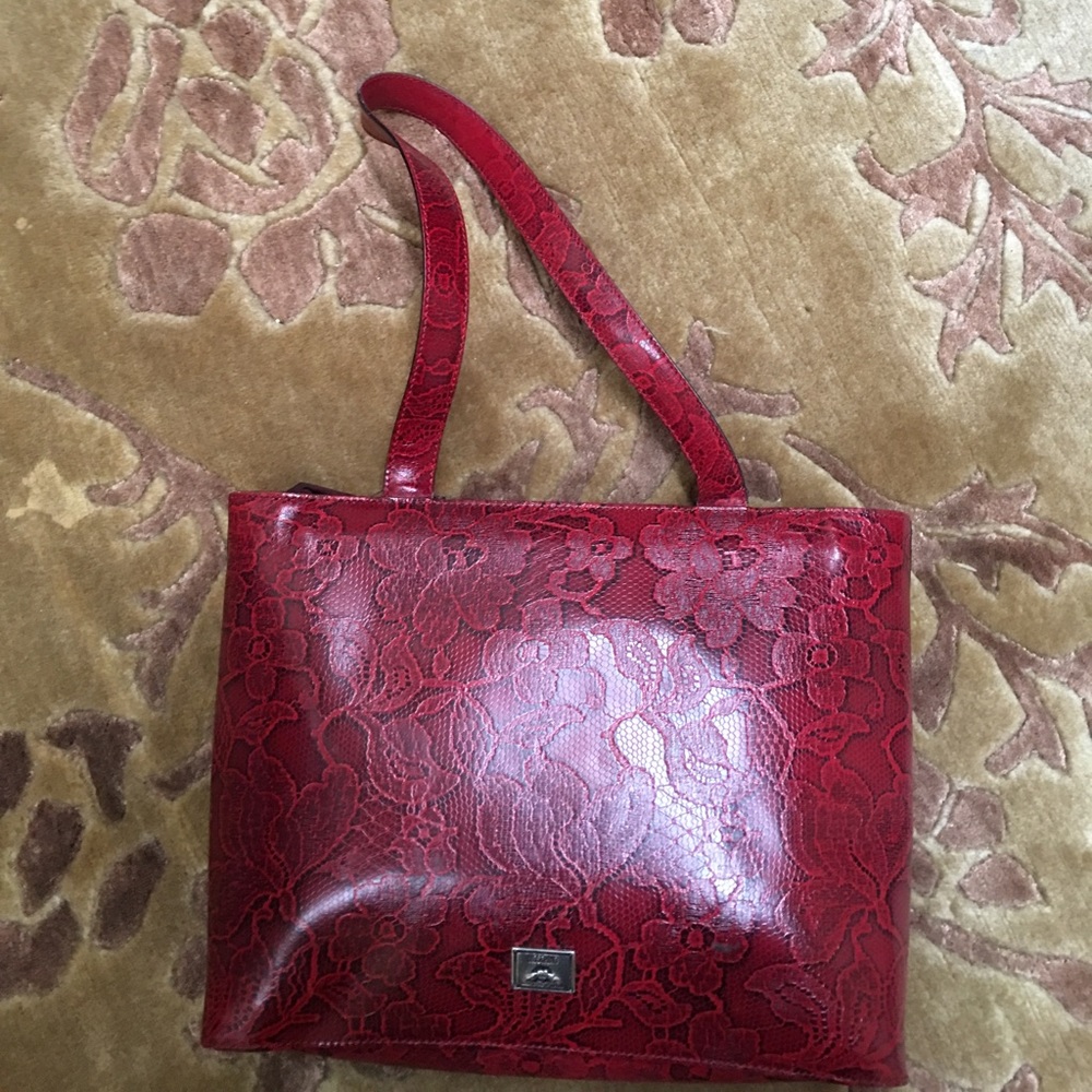Moschino red leather lace design purse