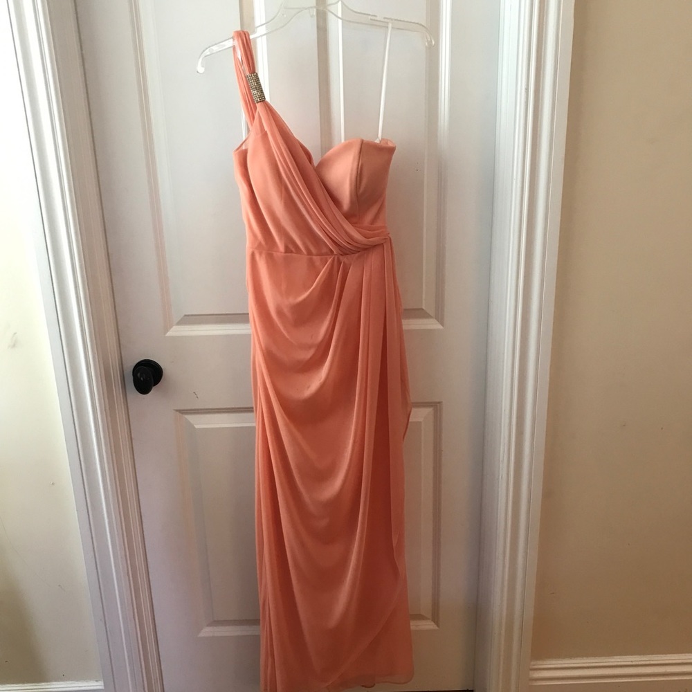One Shoulder Peach Gown with jeweled strap