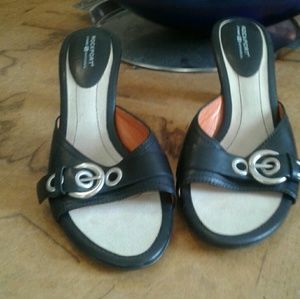 Black Leather Rockport Slide Sandals