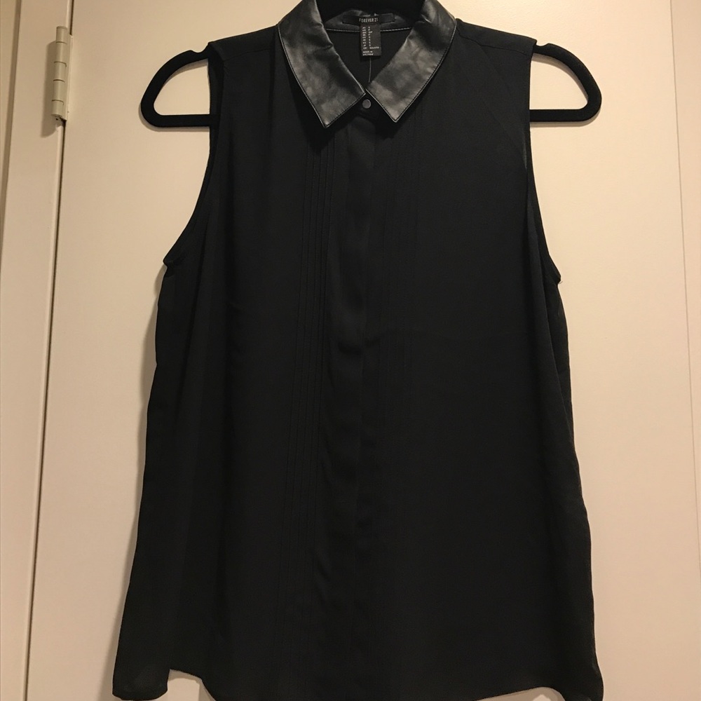 Black Faux Leather Collar Sheer Tank - SZ Small