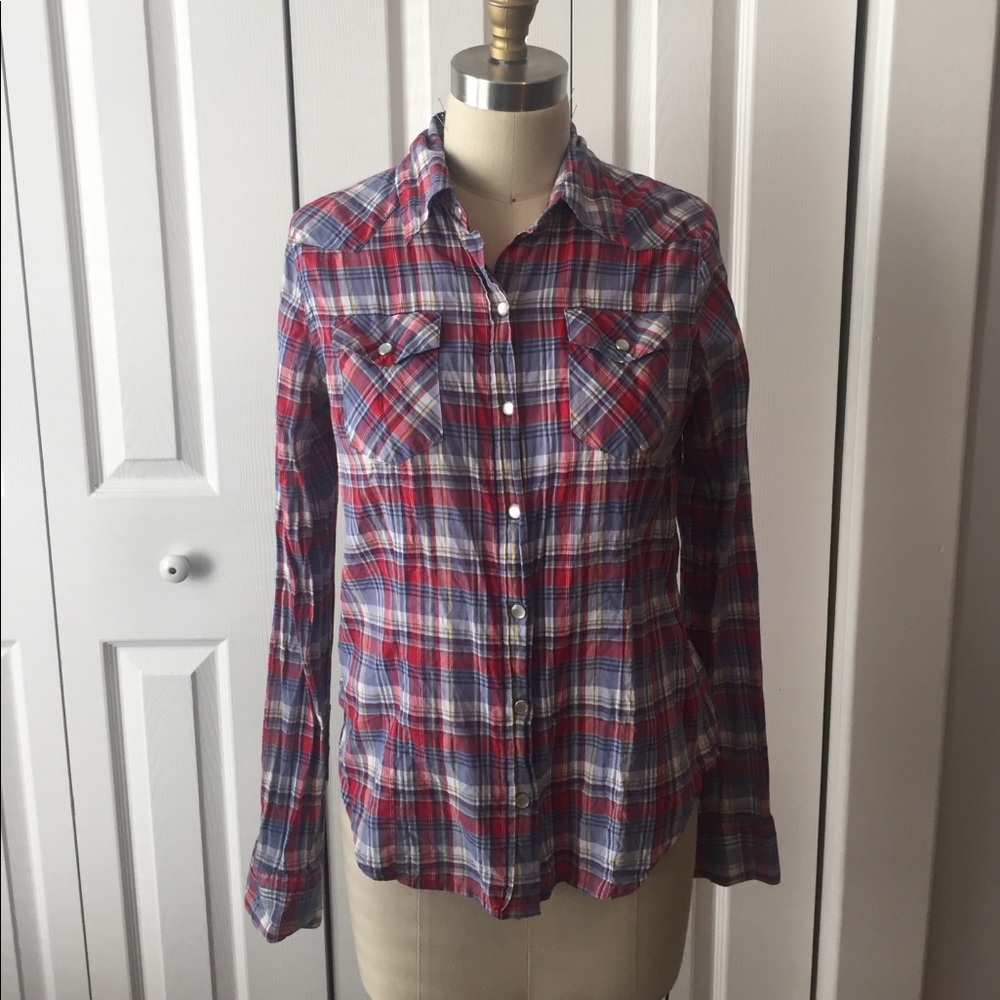 Plaid button snap long sleeve shirt