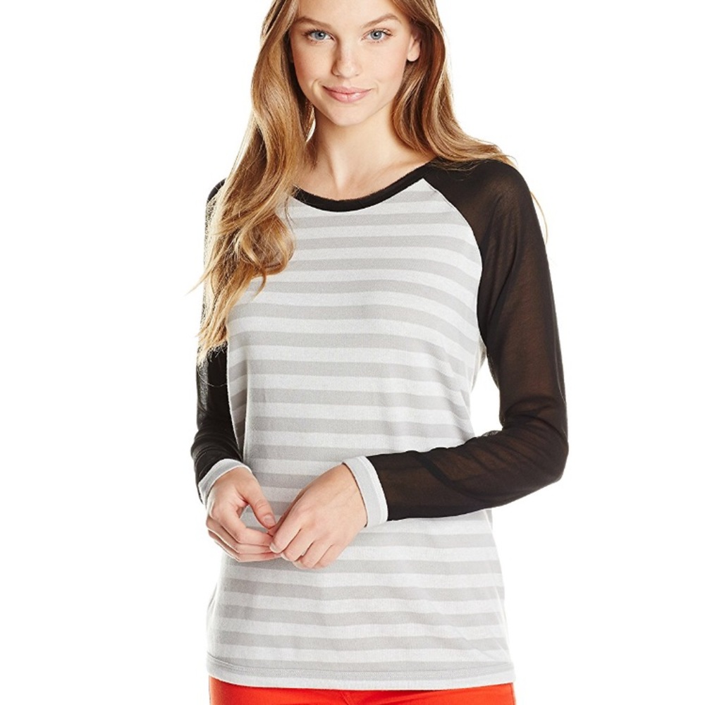 Juniors Striped Terry Sheer Sleeve Pullover Tee