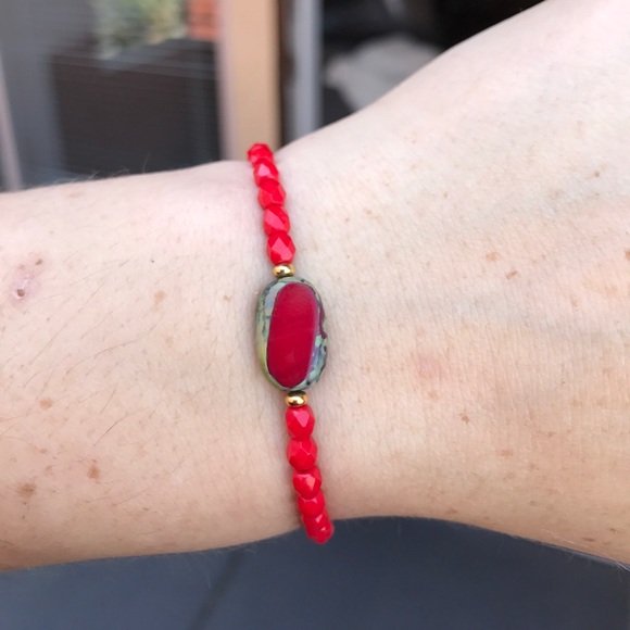 Red Beaded Stretch Bracelet - Picture 3 of 9