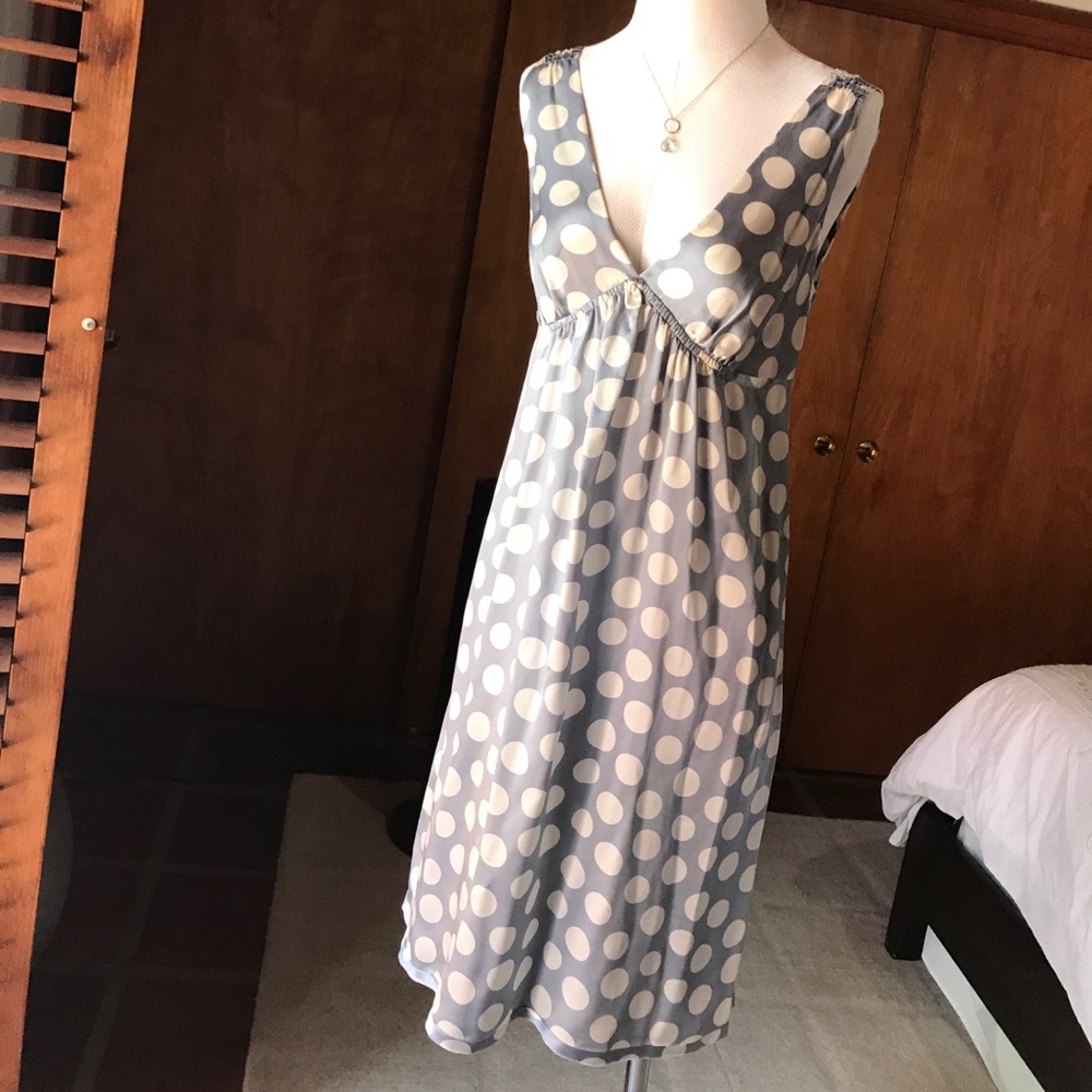 Blue and white polka dot silk dress