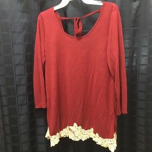 Wine Colored Top w ivory crochet/lace detail