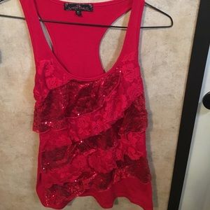 Beautiful ruffled sequined red top with lace