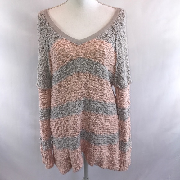 Free People Sweaters - Free People Pink Gray Striped Song Bird Sweater